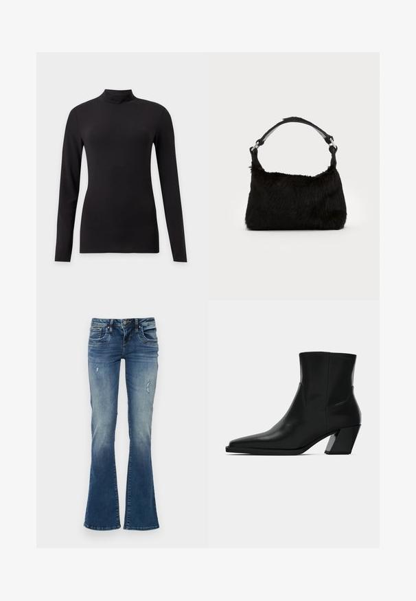 Sort tætsiddende top med lange ærmer og høj krave, vist på en ensfarvet lys grå baggrund.; Denim jeans med flair i mellemblå med udskudte områder og slidte detaljer. Har fem lommer og lynlås med knaplukning.; Sortlæder ankelstøvle med spids tå, en slank silhuet og en kraftig firkantet hæl. Glat tekstur med minimale stikninger.; Sort faux fur håndtaske med en blød tekstur, rund form og en robust skulderrem i sort læder. Synlige sølvhardware-detaljer.