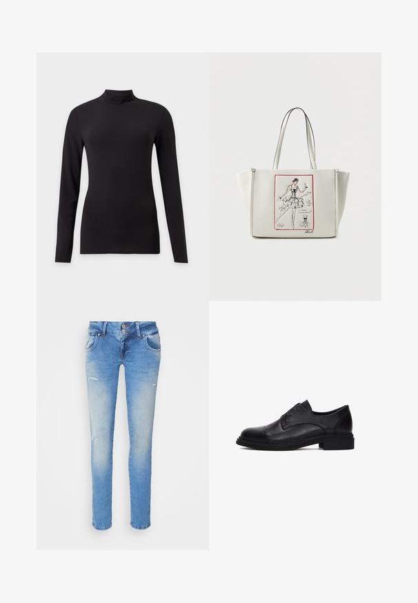 Top negro ajustado de manga larga con cuello alto simulado, mostrado sobre un fondo liso gris claro.; Jeans de mezclilla azul con un ajuste ajustado, que presentan un ligero desgaste, dos bolsillos delanteros y detalles ligeramente desgastados cerca de las rodillas.; Zapato de vestir de cuero negro con punta redonda, textura suave y diseño con cordones. Presenta una suela gruesa y detalles de costura sutiles.; Bolso tote de cuero blanco con doble asa que presenta un boceto bordado de una bailarina y notas escritas a mano en el panel frontal.