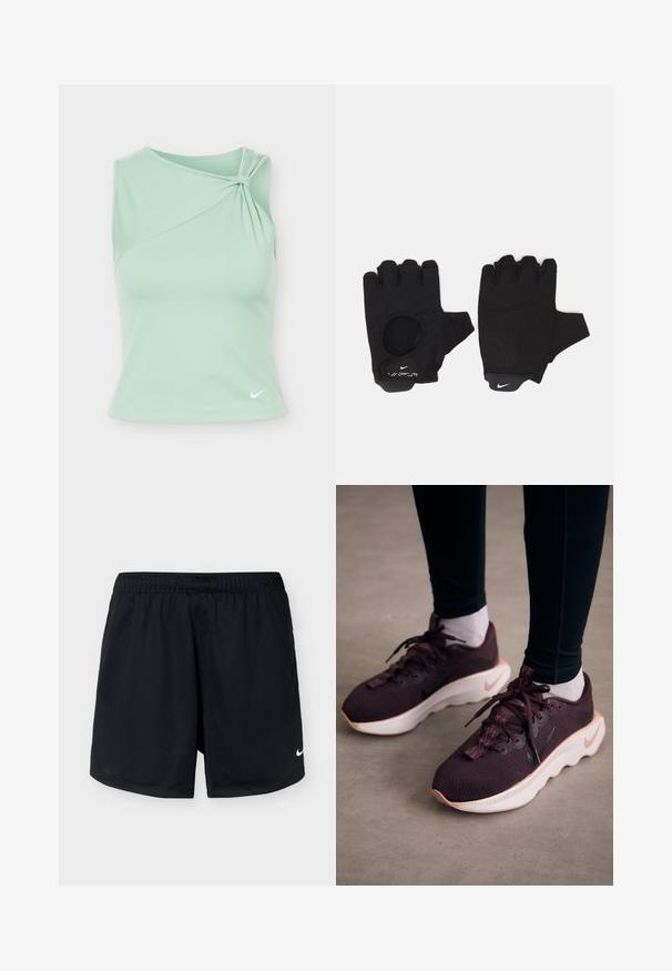 Ærmeløs sportstop i mintgrøn med asymmetrisk halsudskæring og rynkedetalje på højre skulder, lille hvid Nike-logo ved kanten.; Sorte Nike-sportsshorts med elastisk linning og lille hvid Nike-logo på det nederste højre ben, vist på en ensartet lys baggrund.; Mørkerøde sportssko med en tekstureret strikoverdel, hvid sål og sort Nike-logo. Har runde snørebånd og mønstrede snørehuller.; Sorte fingerløse handsker med et tekstureret design. Lavet af et åndbart materiale, med en tommelfingeråbning og forstærket håndflade for bedre greb.