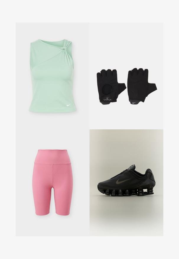 Débardeur de sport vert menthe sans manches avec encolure asymétrique et détail froncé sur l'épaule droite, petit logo Nike blanc au bas.; Shorts de cycliste roses taille haute avec un design lisse et sans coutures, longueur mi-cuisse sur fond blanc.; Baskets Nike noires avec tige zippée et semelle segmentée distinctive en forme de ressort, présentées de profil sur un fond neutre.; Gants sans doigts noirs avec un design texturé. Fabriqués en matériau respirant, dotés d'un trou pour le pouce et d'une paume renforcée pour une meilleure prise.