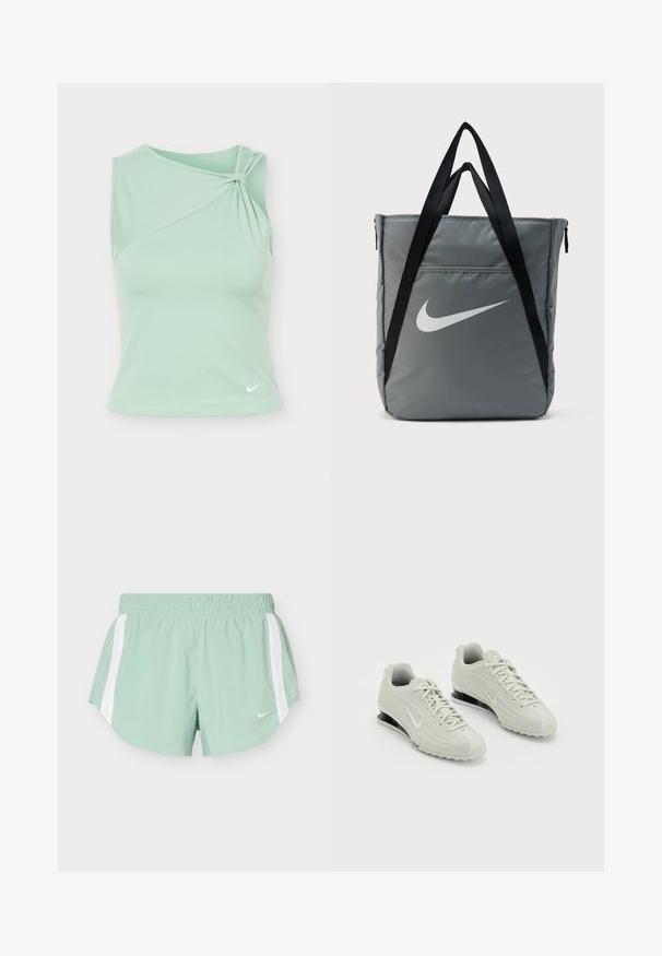 Débardeur de sport vert menthe sans manches avec encolure asymétrique et détail froncé sur l'épaule droite, petit logo Nike blanc au bas.; Short de sport vert clair avec des bandes blanches sur les côtés et une taille élastique, avec un petit logo blanc Nike sur le devant.; Baskets Nike blanches avec un dessus texturé, présentant un embout lisse et des accents de rembourrage noirs. Style à lacets avec un talon renforcé.; Sac fourre-tout Nike gris avec poignées noires et logo Swoosh blanc sur le devant, présenté sur un fond blanc uni.