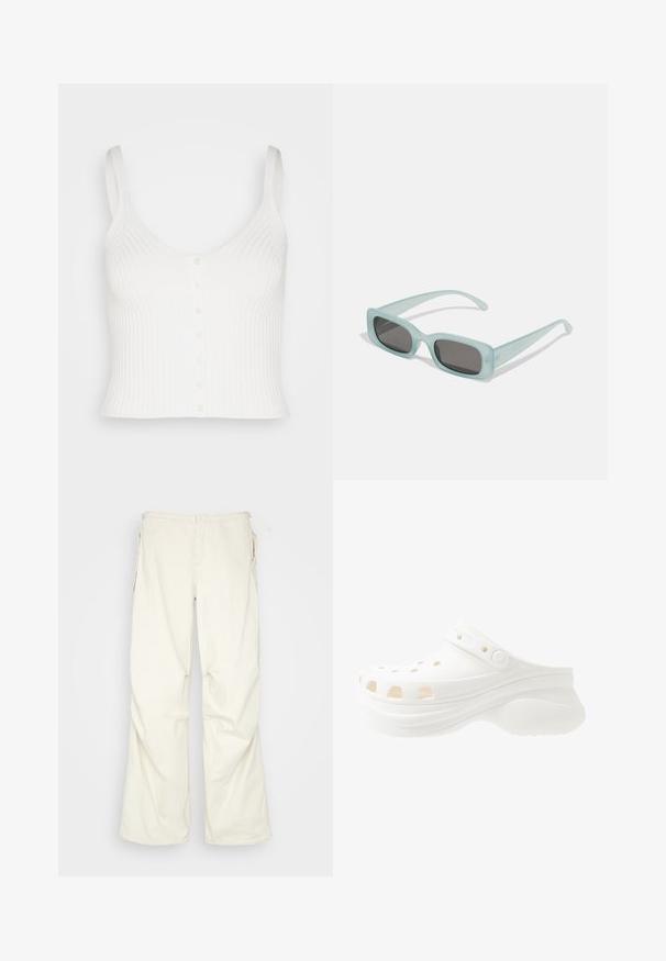 aerie FRONT CAMI - Toppi - off white; BDG Urban Outfitters BAGGY - Housut - cream; Valkoinen vaahtomuovikenkä, jossa on kohotettu kanta, pyöreitä reikiä ilmanvaihtoa varten, säädettävä takanauha ja kuvioitu pohja pitävyyttä varten.; Pari rektangulaarisia aurinkolaseja, joissa on vaaleansiniset läpinäkyvät kehykset ja tummanharmaat linssit. Aurinkolasit ovat suorat temppeleiltään ja niissä on minimaalinen varusteiden määrä.