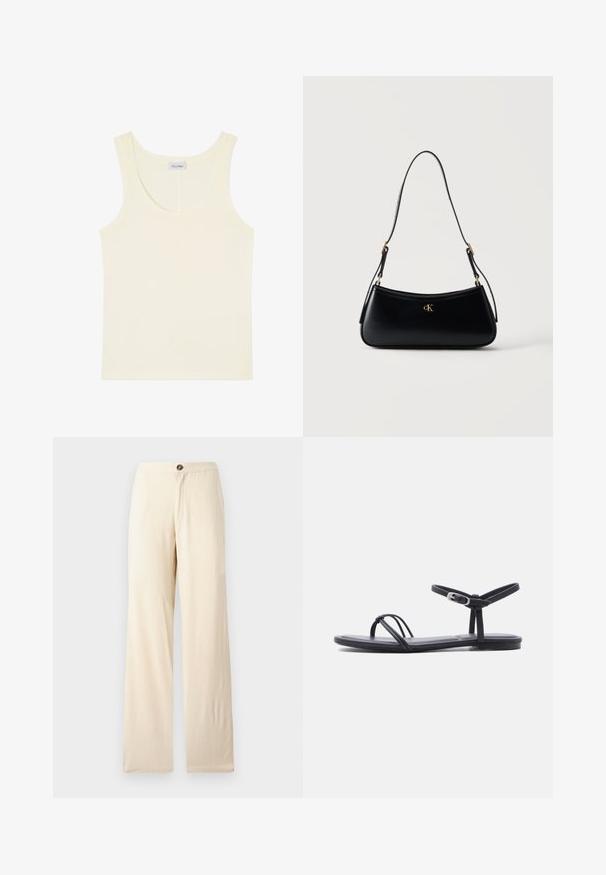 Krémová tielková blúzka bez rukávov s výstrihom do tvaru lode a malou značkovou nášivkou vo vnútri vzadu.; Béžové široké nohavice vyrobené z ľahkej tkaniny. S predným zapínaním na gombík a rovnými lemami. Hladký povrch s minimálnymi švami.; Čierna plochá sandála s tenkými remienkami cez palec, remienkom na členku so striebornou prackou a minimalistickou podrážkou na bielom pozadí.; Čierna kožená kabelka cez rameno s oblým tvarom, nastaviteľným popruhom a zlatým logom "cK" vpredu v strede.