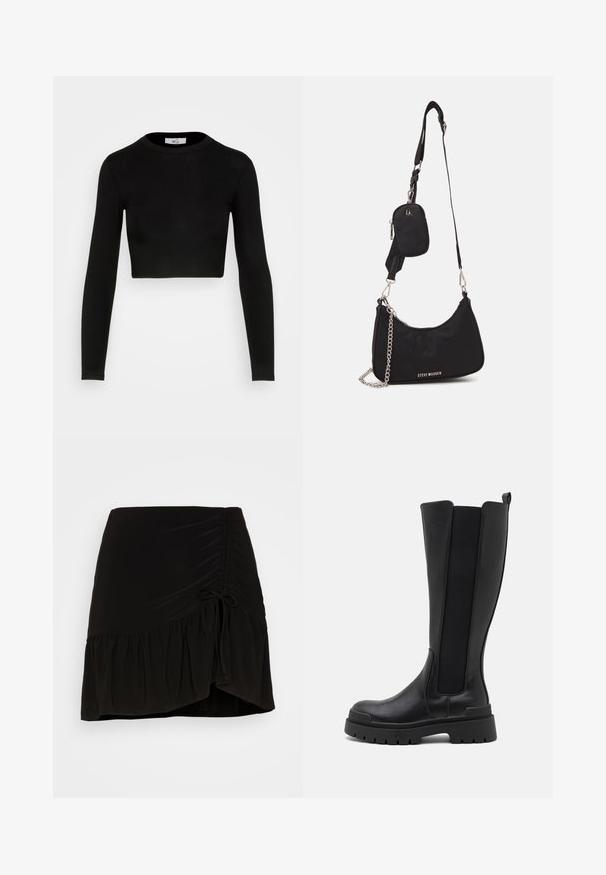 WAL G. X JOEY BACK DETAIL - Langarmshirt - black; Even&Odd by Zalando Minirock - black; Even&Odd by Zalando Plateaustiefel - black; Schwarze Nylon-Umhängetasche mit geschwungener Form, silbernem Kettenakzent, abnehmbarem Mini-Pouch und verstellbarem Trageriemen; mit "Steve Madden"-Logo.