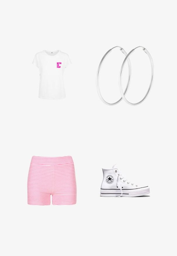 Hvid bomulds t-shirt med korte ærmer, der har klar pink tekst "VENTER PÅ FREDAG" på venstre brystområde. Rund halsudskæring.; Lyserøde og hvide stribede shorts lavet af blødt stof. Har et tætsiddende design og en glat talje med ingen ekstra detaljer eller hardware.; Hvid Converse Chuck Taylor All Star højt snøresko med sorte striber og logoemblem på siden, vist mod en ensfarvet hvid baggrund.; Sølvfarvede hoop øreringe med en glat, rund form og en poleret overflade. Begge øreringe er i samme størrelse og har en sikker lukke mekanisme.