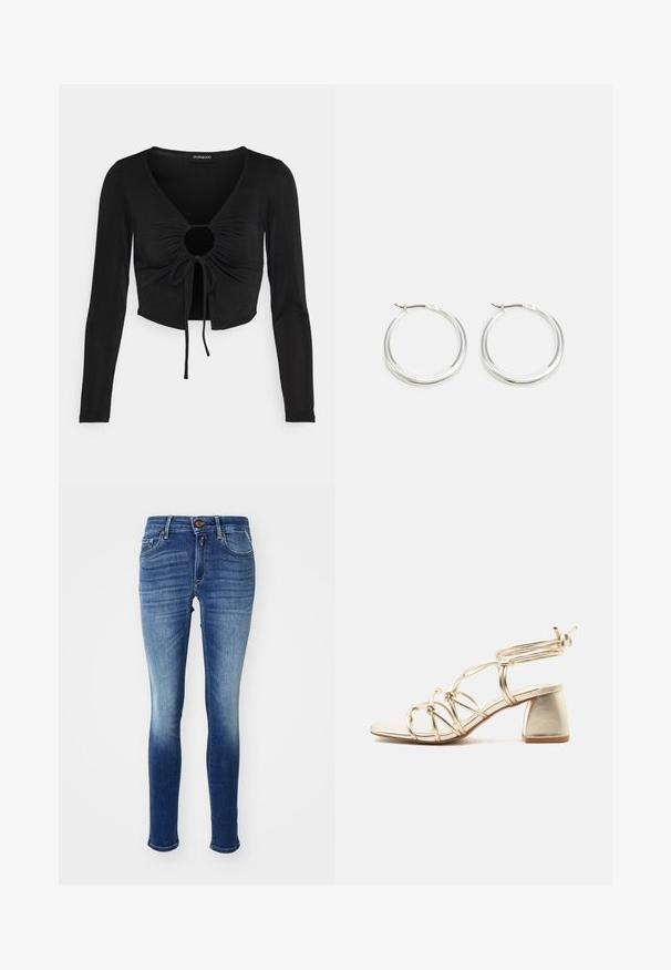 Even&Odd Petite Pikkade varrukatega topp - black; Kitsad teksad Gradient sinine denims, viie tasku, nööp sulgemise ja hellitava pleekimisega pahkluu suunas. Klassikaline disain.; Kuldsete rihmadega sandaal klotskontsaga, avatud varbaga ja ümbermähitavate pahkluu paeltega tavalise valge tausta vastu.; Hõbedased rõngasnõelad on sujuva ja ümara kujundusega, õhukese profiiliga ning kindla lukuga. Minimalistlik stiil ja läikiv viimistlus.