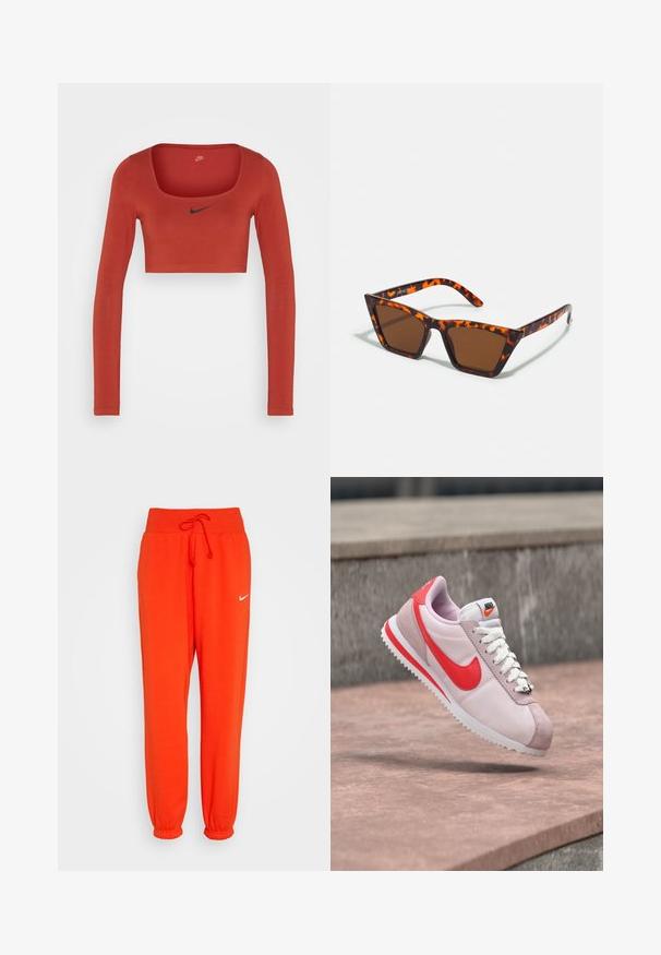 Nike Sportswear W NSW LS CROP TOP SW - Long sleeved top - rugged orange/black; Nike Sportswear W PHNX FLC HR OS - Tracksuit bottoms - picante red/sail; Light pink and red Nike sneaker with white laces, suspended mid-air above a stone surface.; Brown-tinted sunglasses with a tortoiseshell pattern, angular frame, and slender arms. Lightweight plastic material.