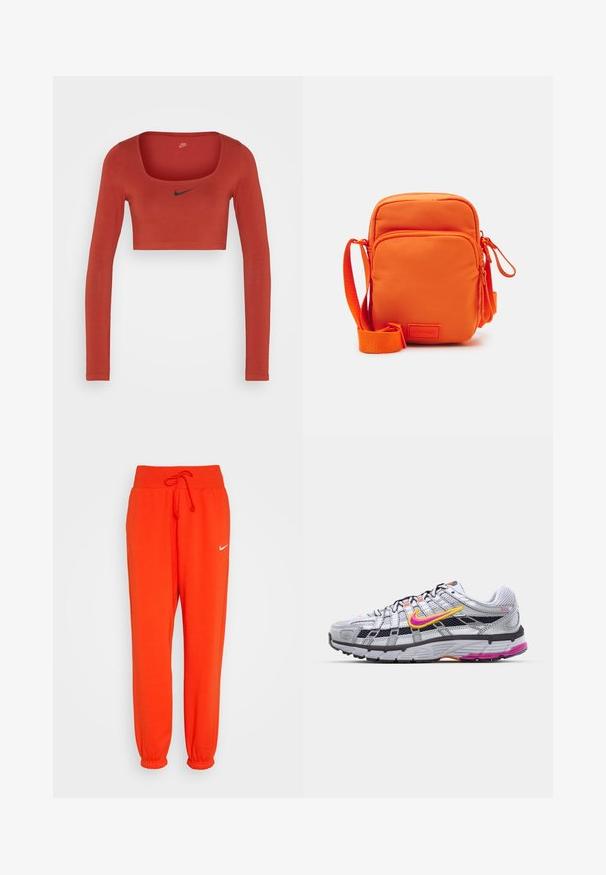 Nike Sportswear W NSW LS CROP TOP SW - Camiseta de manga larga - rugged orange/black; Nike Sportswear W PHNX FLC HR OS - Pantalones deportivos - picante red/sail; Zapatilla de running de malla gris con un distintivo swoosh en rosa y amarillo, acentos negros y una suela de goma texturizada. Cuenta con una puntera reforzada y un collar acolchado.; Bolso bandolera naranja hecho de tejido suave, con dos compartimentos con cremallera, una correa ajustable y una etiqueta de marca.