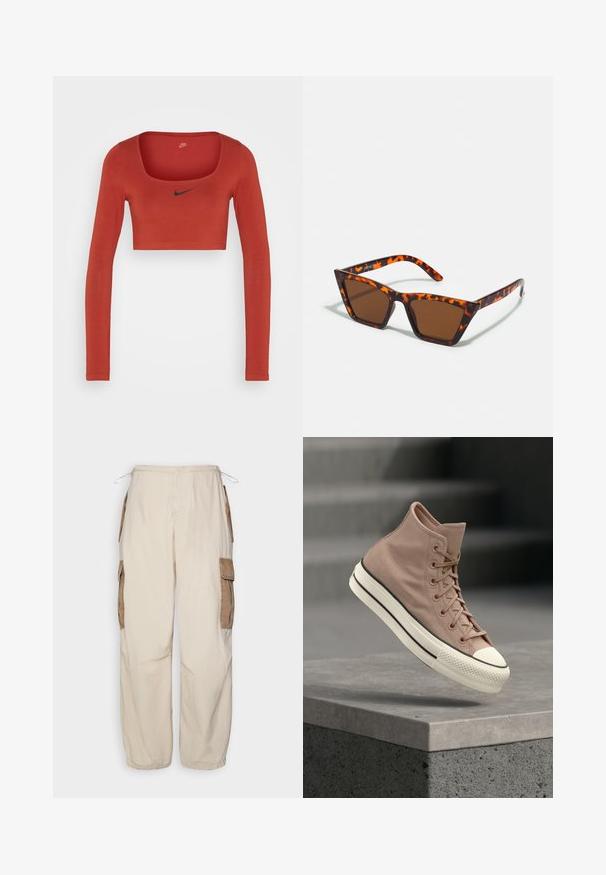 Nike Sportswear W NSW LS CROP TOP SW - Μπλούζα με μακριά μανίκια - rugged orange/black; BDG Urban Outfitters CONTRAST - Παντελόνι cargo - beige; Ανοιχτό καφέ ψηλό αθλητικό παπούτσι με λευκή καουτσούκ σόλα και προστατευτικό στη μύτη, στον αέρα πάνω από μια υφή όψη γκρι σκυροδέματος σε φόντο θολό.; Καφέ ηλιακά γυαλιά με σχέδιο καμουφλάζ χελώνας, γωνιακό σκελετό και λεπτά μπράτσα. Ελαφρύ πλαστικό υλικό.