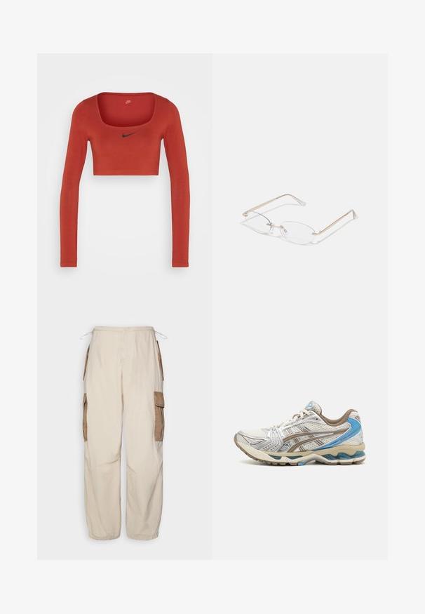 Nike Sportswear W NSW LS CROP TOP SW - Pikkade varrukatega topp - rugged orange/black; BDG Urban Outfitters CONTRAST - Kargopüksid - beige; Valge ja beež jooksujalanõu siniste aktsentidega, võrkkattega pealmise osaga, pehmendusega tallaga ja paeltega disainiga, nähtav välisküljelt.; Kuldne metallist prillid ovaalsete läätsede, kitsaste sanga ja selgete nina padjadega. Omab tagasihoidlikke hinge aktsente ja läbipaistvaid läätsi.