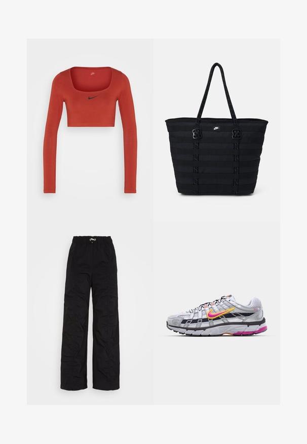 Nike Sportswear W NSW LS CROP TOP SW - Camiseta de manga larga - rugged orange/black; Nike Sportswear Pantalones deportivos - black; Zapatilla de running de malla gris con un distintivo swoosh en rosa y amarillo, acentos negros y una suela de goma texturizada. Cuenta con una puntera reforzada y un collar acolchado.; Bolso tote de nailon negro con diseño de cintas horizontales, asas dobles y dos acentos decorativos de hardware. Pequeño logotipo en la parte frontal.