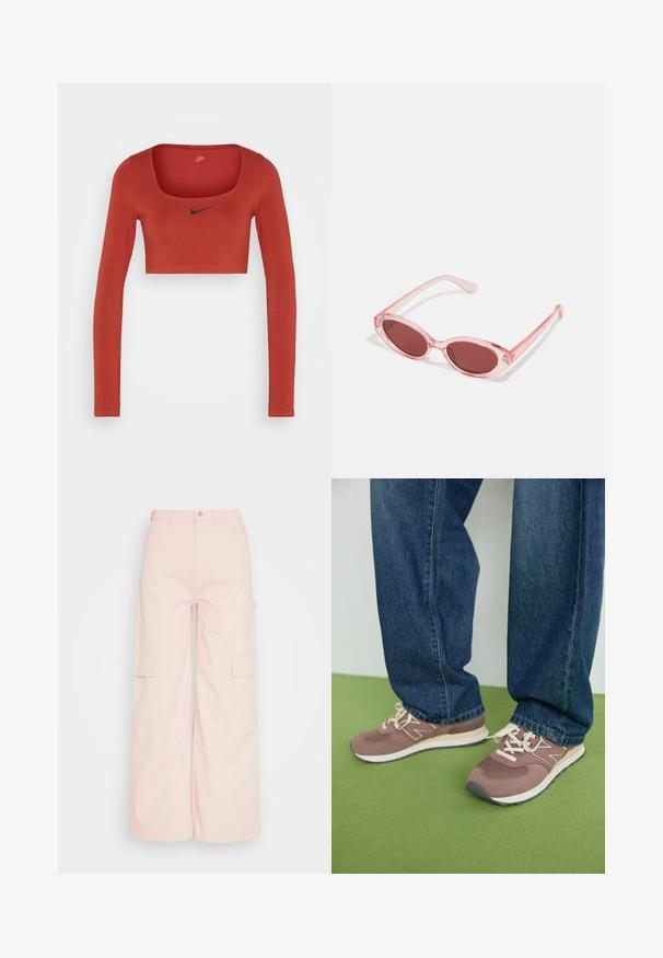 Nike Sportswear W NSW LS CROP TOP SW - T-shirt à manches longues - rugged orange/black; Weekday SIENNA TROUSER - Pantalon cargo - pink dusty light; Baskets marron et mauve avec des lacets blancs et une semelle beige. Portées avec un jean en denim bleu, sur un fond vert.; Lunettes de soleil transparentes roses avec des verres ovales, teintés d'un rouge foncé, et des branches fines, présentant une finition lisse et des détails subtils sur la monture.