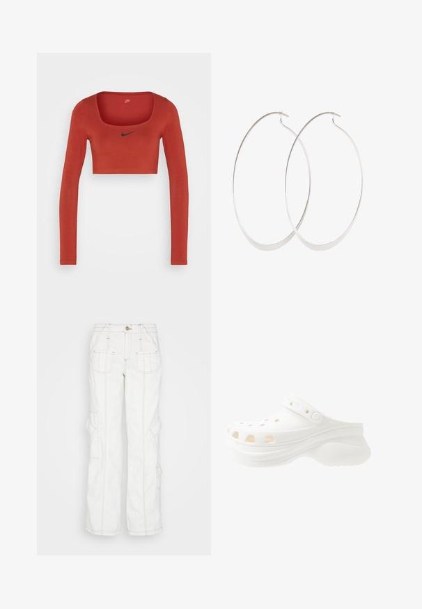 Nike Sportswear W NSW LS CROP TOP SW - T-shirt à manches longues - rugged orange/black; BDG Urban Outfitters Jean boyfriend - white; Sabot blanc en mousse avec talon surélevé, trous ronds pour la ventilation, sangle arrière réglable et semelle texturée pour l'adhérence.; Boucles d'oreilles en argent avec un design fin et lisse ; forme ovale allongée ; finition polie ; présente un fermoir à crochet sécurisé.