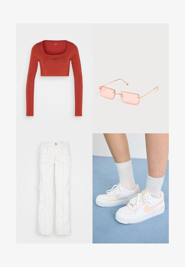 Nike Sportswear W NSW LS CROP TOP SW - Camiseta de manga larga - rugged orange/black; BDG Urban Outfitters Vaqueros boyfriend - white; Zapatillas blancas con acentos durazno, parte superior de cuero suave, punta perforada, suela texturizada y cordones. Usadas con calcetines blancos hasta la mitad en una superficie azul.; Gafas de sol sin montura, rectangulares con tinte rosa, con finas patillas metálicas doradas y almohadillas nasales ajustables sobre un fondo claro y liso.
