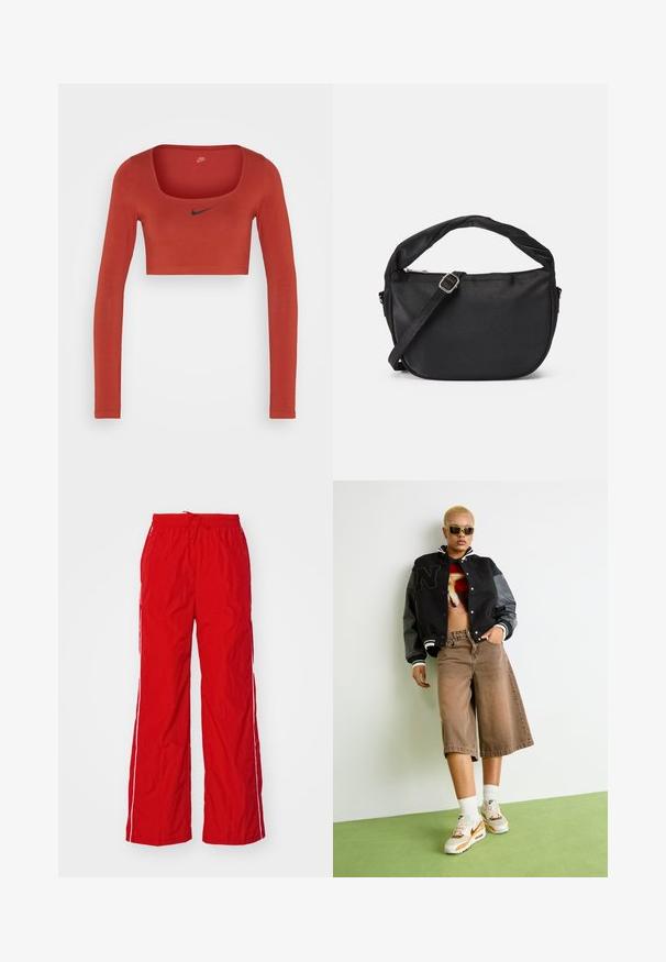Nike Sportswear W NSW LS CROP TOP SW - Pikkade varrukatega topp - rugged orange/black; Punased nailonipüksid, millel on laia säärega disain, elastne vöökoht koos paelaga ja valged külgtriibud. Sile tekstuur ja kerge välimus.; Lühemate blondide juustega inimene, kes kannab päikeseprille, musta varsity-jakki, graafilist lühikest toppi, pruune laiu pükse ja valgeid Nike tennisiseid, seisab rohelisel põrandal.; Must mustra kott, millel on keerdkäepide, eemaldatav rihm ja lukuga pealmine sulgur. Sile tekstuur ja minimalistlik disain.