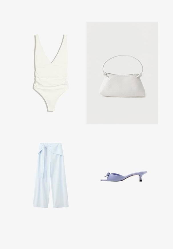 Maillot de bain une pièce blanc avec un décolleté en V profond et des détails froncés sur le torse, présenté sur un fond blanc.; Pantalon large bleu clair à taille haute avec ceinture en tissu nouée à l'avant.; Mule lavande à bout ouvert avec petit talon et nœud décoratif sur la partie supérieure, vue de profil sur fond blanc.; Sac à main en cuir tressé blanc avec poignée arrondie et extrémités de lanière nouées, présenté sur un fond uni.