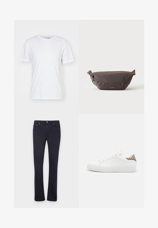 Witte katoenen T-shirt met een ronde hals, korte mouwen en een rechte snit. Geen patronen of versieringen, gladde textuur en eenvoudig ontwerp.; Marineblauwe katoenen broek met een rechte pijpdesign, voorzien van voorzakken, een ritssluiting en metalen hardwareaccenten.; Witte leren sneaker met een gladde afwerking, voorzien van een kleurrijke gestreepte accent op de hiel, gouden oogjes en een vlakke witte zool.; Donkerbruine stoffen heuptas met diagonale ritssluiting en klein wit logo aan de voorkant, tegen een effen lichte achtergrond.
