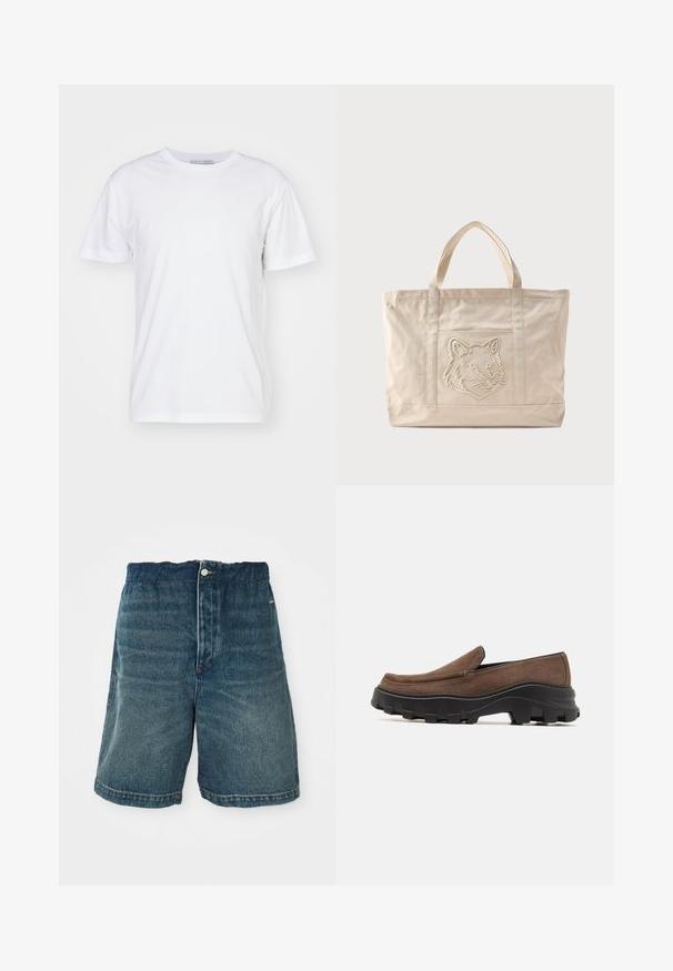 Camiseta de algodón blanca con escote redondo, mangas cortas y corte recto. Sin patrones ni adornos, textura suave y diseño sencillo.; Pantalones cortos de mezclilla en azul oscuro con un ajuste holgado, que cuentan con un cierre de botón y costuras visibles a lo largo del dobladillo y los bolsillos.; Zapato tipo slip-on de ante marrón con una gruesa suela de goma negra que presenta patrones de tracción marcados y un diseño de puntera suave y redondeada.; Bolsa tote de lona beige con asas dobles y un diseño en relieve de la cabeza de un lobo en el bolsillo frontal.