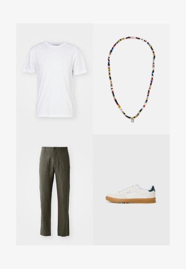 T-shirt en coton blanc avec un col rond, des manches courtes et une coupe droite. Sans motifs ni embellissements, texture lisse et design sobre.; Pantalons en lin vert olive avec une coupe droite, dotés d'une fermeture à bouton à l'avant et de poches latérales. Le tissu a une apparence texturée.; Baskets en cuir blanc avec design perforé, semelle en caoutchouc translucide, accent de talon vert et détail à rayures colorées sur le côté.; Collier de perles colorées présentant différentes formes et tailles, avec des accents métalliques et de petits charms décoratifs. Principalement multicolore.