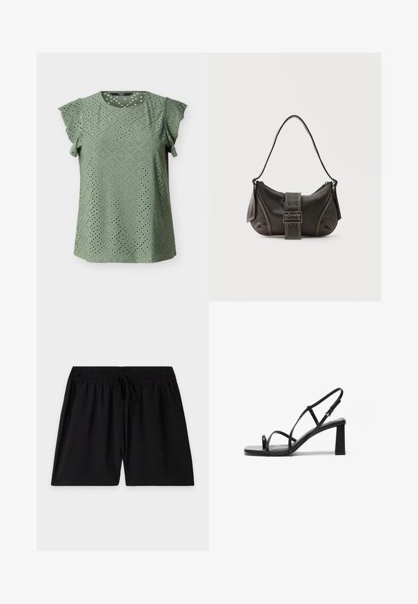 Groen kort mouw blouse met ronde halslijn en opengewerkte borduurpatronen in diamant- en cirkelvormige patronen over de stof.; Zwarte shorts met elastische tailleband, verstelbaar trekkoord en zijzakken, plat neergelegd op een effen lichte achtergrond.; Zwarte hoge hakken sandalen met een vierkante neus, dunne verstelbare banden en een chunky blokhak. Gladde leren textuur met minimale details.; Zwarte leren schoudertas met gespsluiting aan de riem, afgeronde hoeken en contrasterende witte stiksels op een effen achtergrond.