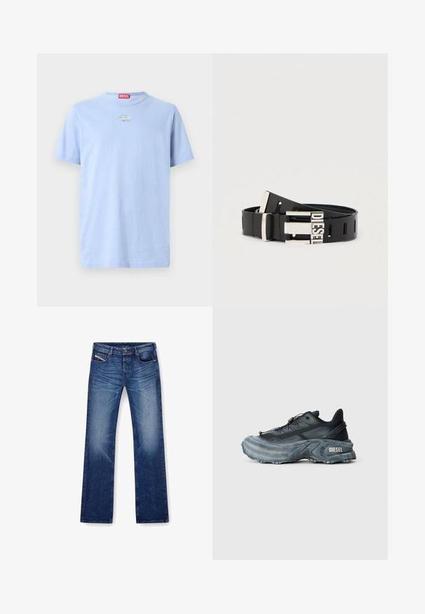 Himmelblaues Diesel T-Shirt mit kurzen Ärmeln und rundem Ausschnitt, mit metallic ovalem Logo auf der Brust, präsentiert auf einfarbigem Hintergrund.; Blaue Jeans aus Denim mit geradem Bein, fünf Taschen und passendem Stich. Der Stoff hat eine glatte Textur mit leichter Ausbleichung.; Schwarz- und graue Diesel-Sneaker mit dicker Sohle, Schnürverschluss und strukturiertem Design auf einem schlichten hellgrauen Hintergrund.; Schwarzer Ledergürtel mit silberner Metallschließe, auf der das Wort "DIESEL" zu sehen ist. Der Gürtel verfügt über mehrere Einstelllöcher entlang seiner Länge.