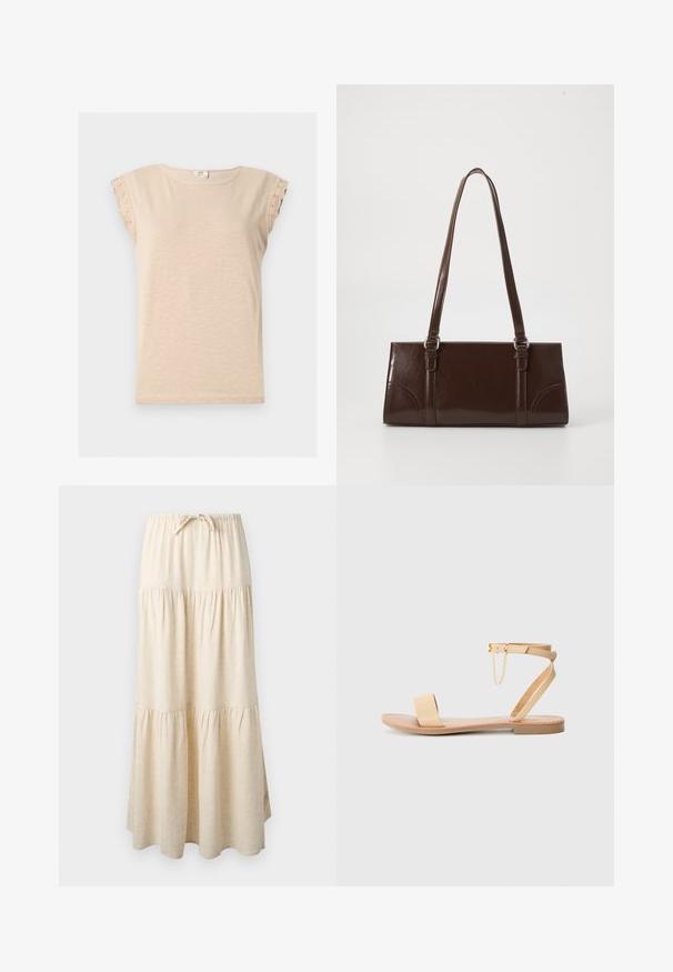 Beige kortærmet skjorte med rund halsudskæring og blondedetalje på ærmerne, lavet af letvægtsstof.; Beige maxi-nederdel i lag med elastisk talje og snøre, med et flydende, opsamlet stofdesign.; Beige flad sandal med en enkelt bred rem, ankelrem med spænde og dekorativ kæde detalje. Glat læderlignende tekstur og flad sål.; Brun lakeret håndtaske med rektangulær form, to lange håndtag og subtile buede detaljer på fronten.