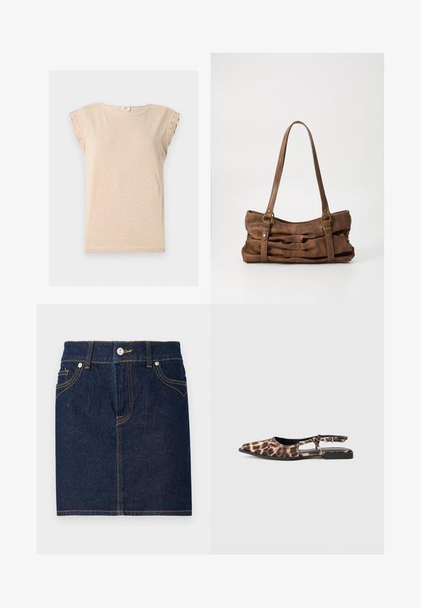 Chemise beige à manches courtes avec encolure ronde et bordure en dentelle aux manches, confectionnée dans un tissu léger.; Jupe en denim bleu foncé avec des coutures visibles, design à cinq poches et fermeture par bouton à l'avant. Coupe droite avec un ourlet net.; Ballerine à enfiler en imprimé léopard, avec un bout pointu, des côtés ouverts et un petit talon noir. Le matériau semble lisse avec un léger éclat.; Even&Odd by Zalando Sac à main - brown