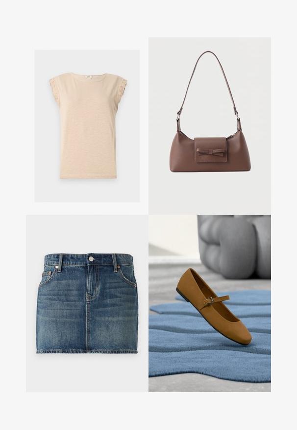 Chemise beige à manches courtes avec encolure ronde et bordure en dentelle aux manches, confectionnée dans un tissu léger.; Jupe en denim mini en bleu foncé avec un design à cinq poches, une fermeture à bouton et des accents de couture visibles. Texture lisse avec un léger délavage.; Chaussure plate Mary Jane marron avec bride à boucle flottant au-dessus d'un tapis bleu texturé, mobilier tapissé gris en arrière-plan.; Sac à bandoulière en cuir marron avec une poche à rabat avant ornée d'un détail en forme de nœud cousu et une sangle réglable.