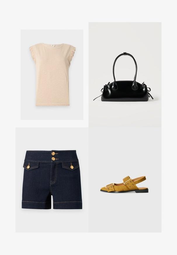 Beige T-shirt met korte mouwen, ronde hals en kanten afwerking op de mouwen, gemaakt van lichtgewicht stof.; Donkerblauwe denimshorts met hoge taille, twee voorvakken met klep en gouden decoratieve knopen op de tailleband en zakken.; Geel suède slingback schoen met twee grote gespen, ronde neus, lage hak en zwarte zool. Bevat perforaties op de banden.; Kleine zwarte glanzende handtas met twee lange hengsels en zijkant trekkoord details op een effen lichte achtergrond.