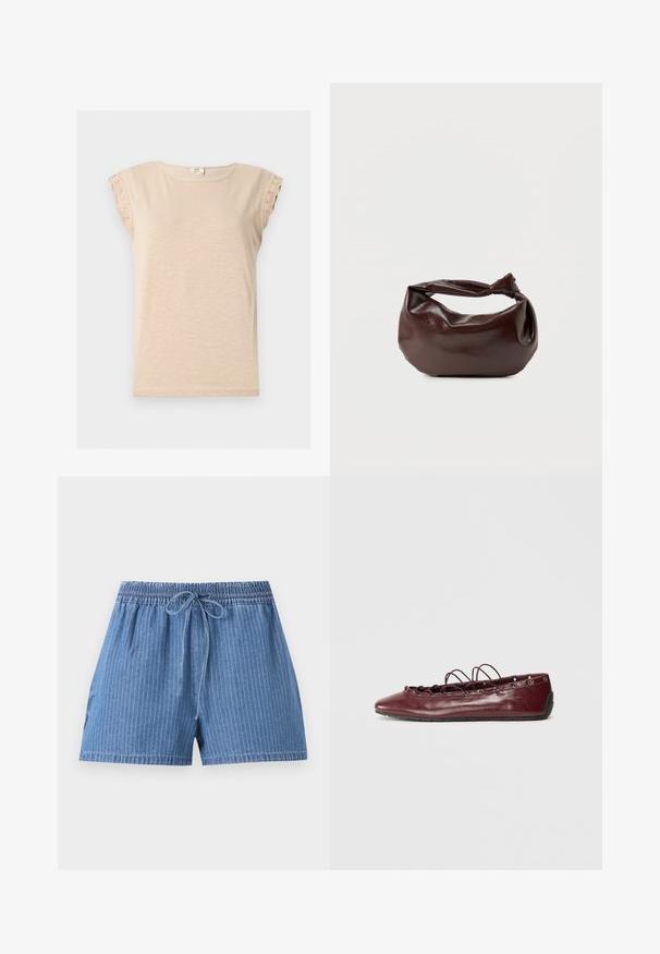 Chemise beige à manches courtes avec encolure ronde et bordure en dentelle aux manches, confectionnée dans un tissu léger.; Short en denim bleu avec fines rayures verticales, taille élastique et cordon de serrage à l’avant.; Femme ballerine en cuir bordeaux avec un bout pointu, des détails en dentelle sur le devant et des œillets en argent. Semelle souple pour plus de flexibilité et de confort.; Sac bandoulière en cuir marron foncé avec une forme souple et décontractée et une anse nouée torsadée sur un fond blanc uni.