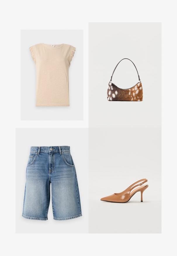 Beiges Kurzarmhemd mit rundem Ausschnitt und Spitzenbesatz an den Ärmeln, aus leichtem Stoff.; Hellblaue Denim-Shorts mit geradem Schnitt, fünf Taschen und bronzefarbenen Beschlägen. Mit fransigem Saum und einer ausgewaschenen Waschung.; Spitz zulaufender Slingback-Absatz aus einem glatten, glänzenden, tanfarbenen Material. Mit einem geschwungenen Ausschnitt-Design und einem schlanken Stiletto-Absatz. Silberne Schnallendetails.; Schultertasche mit braun-weiß geflecktem Kunstpelz und einem dünnen schwarzen Riemen, dargestellt vor weißem Hintergrund.