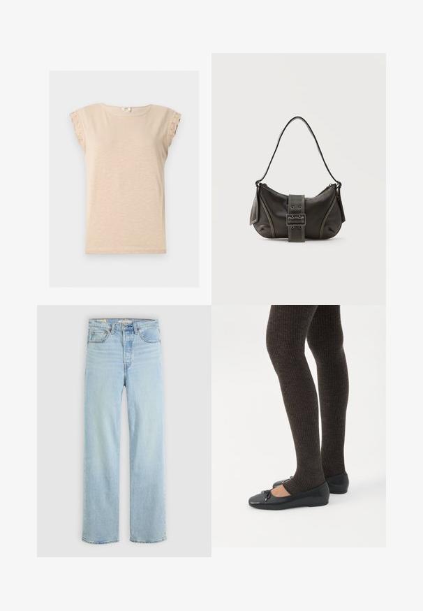 Chemise beige à manches courtes avec encolure ronde et bordure en dentelle aux manches, confectionnée dans un tissu léger.; Jean en denim bleu clair avec une coupe droite, comportant cinq poches, une fermeture éclair classique et des accents de couture visibles.; Jambes portant des leggings côtelés foncés associés à des ballerines noires avec de petits détails en nœud sur fond blanc.; Sac à épaule en cuir noir avec une sangle à boucle, des bords arrondis et des coutures blanches contrastées sur un fond uni.