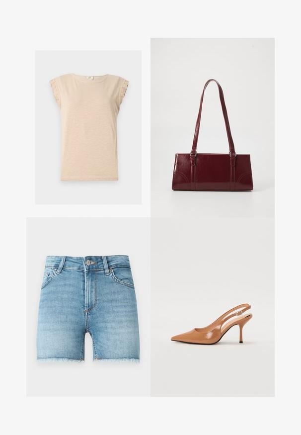 Chemise beige à manches courtes avec encolure ronde et bordure en dentelle aux manches, confectionnée dans un tissu léger.; Shorts en denim bleu clair avec un ourlet effiloché, cinq poches et une fermeture à bouton à l'avant. Présente une légère décoloration et une coupe classique.; Escarpin à talon slingback à bout pointu en matériau beige lisse et brillant. Présente un design de découpes courbées et un talon aiguille fin. Détail de boucle en argent.; Sac à main bordeaux en matériau brillant, de forme rectangulaire, avec deux anses et des accents légèrement courbés à l'avant.
