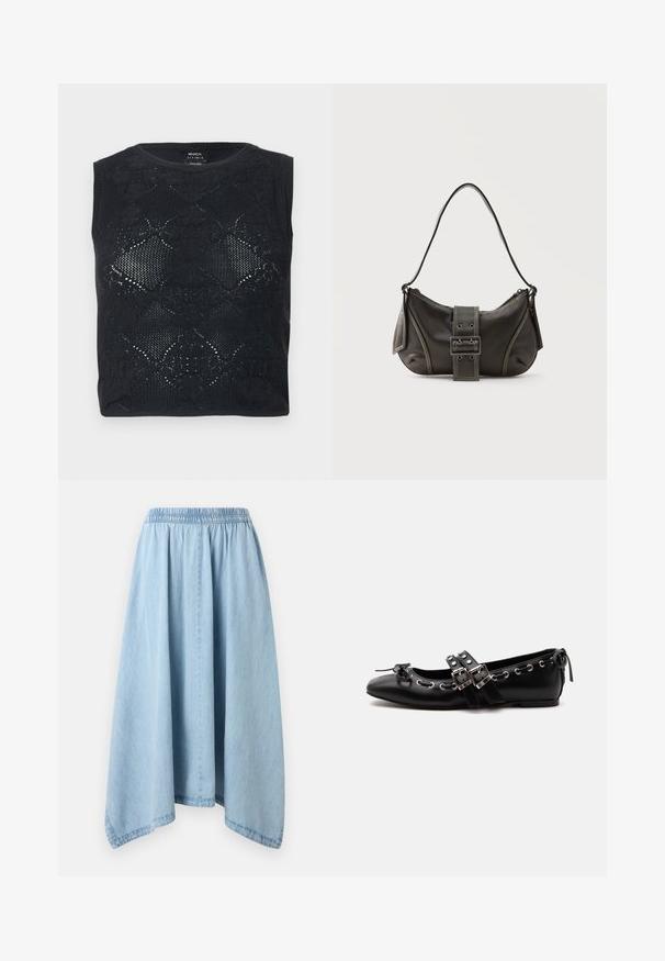 Haut noir sans manches en maille avec motif de dentelle florale et encolure ronde, plié à plat sur un fond clair.; Jupe en denim bleu clair avec une taille élastique et un ourlet asymétrique, suspendue sur un fond blanc uni.; Chaussure de ballet plate noire avec doubles brides à boucle, œillets argentés et petit nœud près de l’orteil arrondi sur fond blanc.; Sac à épaule en cuir noir avec une sangle à boucle, des bords arrondis et des coutures blanches contrastées sur un fond uni.