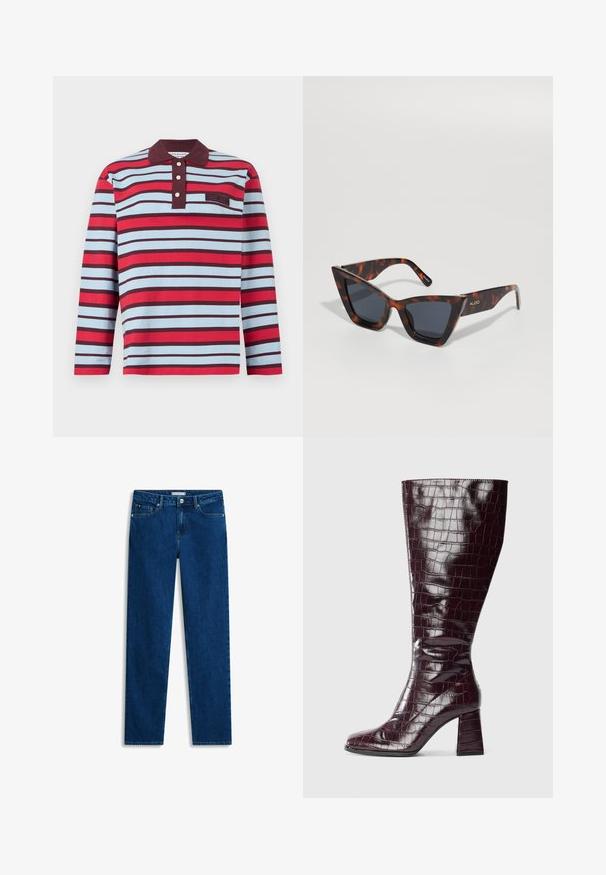 Langærmet polo med røde, lyseblå og mørkebrune vandrette striber og en mørkebrun krave med tre hvide knapper.; Mørkeblå jeans med lige ben, forrest med knap, lynlås, bæltestropper og fem-lomme design på hvid baggrund.; Mørkerød knæhøj støvle med krokodillemønster og blokhælm, vist fra siden på en hvid baggrund.; ALDO ADOAWEN - Solbriller - other brown