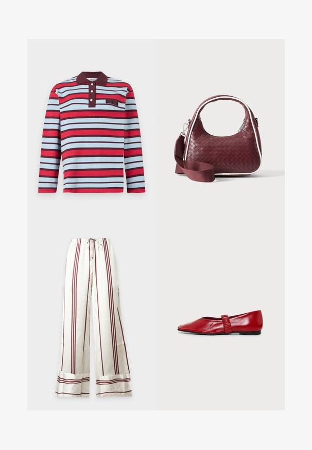 Polo à manches longues avec des rayures horizontales rouges, bleu clair et brun foncé, et un col brun foncé avec trois boutons blancs.; Pantalon blanc à jambes larges avec des rayures marron verticales et horizontales et une taille élastique avec cordon de serrage.; Chaussure plate rouge avec un bout carré arrondi et une seule sangle étroite sur le milieu du pied sur fond blanc.; Sac à main en cuir tressé marron foncé avec poignée courbée, garniture blanche, fermeture éclair argentée et bandoulière large en tissu amovible sur fond uni.