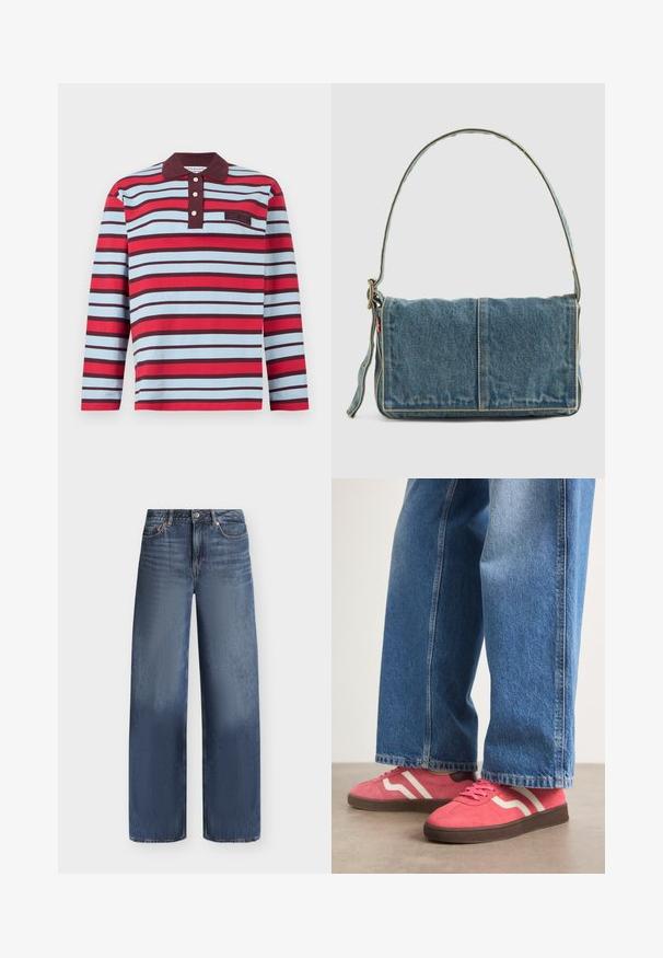 Pitkähihainen poolopaita, jossa on punaisia, vaaleansinisiä ja tummanruskeita vaakaraitoja sekä tummanruskea kaulus, jossa on kolme valkoista nappia.; Siniset denim-farkut suoralla lahkeensovitteella, viiden taskun malli, napillinen suljenta ja hillitty haalistuma ylemmissä reiden ja polvien kohdissa.; Vaaleanpunaiset mokkasiinivartiset lenkkarit, joissa on valkoiset aaltoilevat raidat ja ruskeat kumipohjat. Ne on yhdistetty vaaleansinisiin leveisiin farkkuihin.; Denim-olkapussi, jossa on taitettavan muotoilu, vaaleansininen väri, näkyvät ompeleet, säädettävä hihna ja sivulabeli.