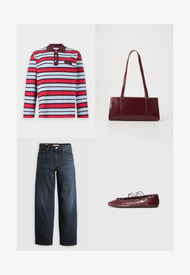 Polo met lange mouwen met rode, lichtblauwe en donkerbruine horizontale strepen en een donkerbruine kraag met drie witte knopen.; Donkerblauwe jeans van denim, met een recht model, vijf-pocketstijl en stiksels met een knoopsluiting.; Bordeaux leren ballerina's met een spitse neus, kantdetails aan de voorkant en zilveren oogjes. Zachte zool voor flexibiliteit en comfort.; Bourgondische handtas van glanzend materiaal, rechthoekige vorm, met twee schouderbanden en subtiele gebogen accenten aan de voorkant.