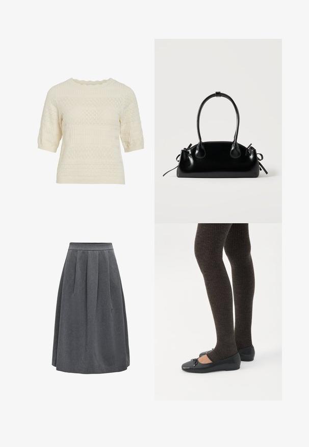 Haut en maille crème à manches courtes avec encolure festonnée et motifs texturés en losanges et côtes sur toute la surface.; Jupe plissée gris foncé de longueur moyenne avec une taille ajustée, conçue pour un usage décontracté ou professionnel.; Jambes portant des leggings côtelés foncés associés à des ballerines noires avec de petits détails en nœud sur fond blanc.; Petit sac à main noir brillant avec deux longues anses et des détails à cordon sur les côtés sur un fond clair uni.