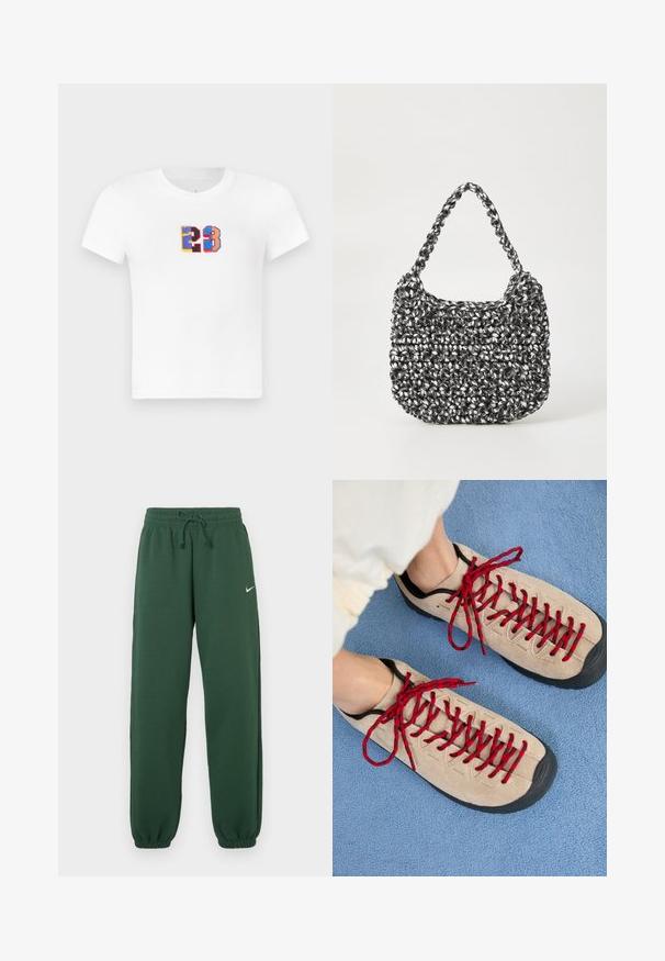 T-shirt blanc à manches courtes avec un "23" brodé multicolore sur le devant. Il dispose d'un col rond classique et d'une texture de tissu douce.; Pantalon de survêtement vert foncé en tissu doux, avec une ceinture élastique à cordon de serrage et des poignets resserrés. Petit logo blanc à l'avant.; Des chaussures beiges avec des lacets rouges, posées sur une surface bleue texturée, révèlent partiellement la cheville d'une personne. Les chaussures ont un design sportif.; Sac en osier noir et blanc de forme arrondie, avec une surface texturée et une poignée tressée. Convient à un usage décontracté.