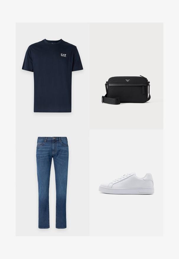 Mørkeblå bomulds t-shirt med korte ærmer, rund udskæring og EA7-logo i hvid på øverste venstre side. Glat tekstur, afslappet design.; Blå denimjeans med lige ben, der har et klassisk design med fem lommer og knaplukning. Diskret falming over stofteksturområdet.; Hvide lædersneakers med en glat overflade, rund tå, snørebånd foran og flad gummisål. Har prægede branding på hælen.; Sort rektangulær crossbody-taske med lynlåslomme foran, justerbar rem og lille metallogo øverst i midten.