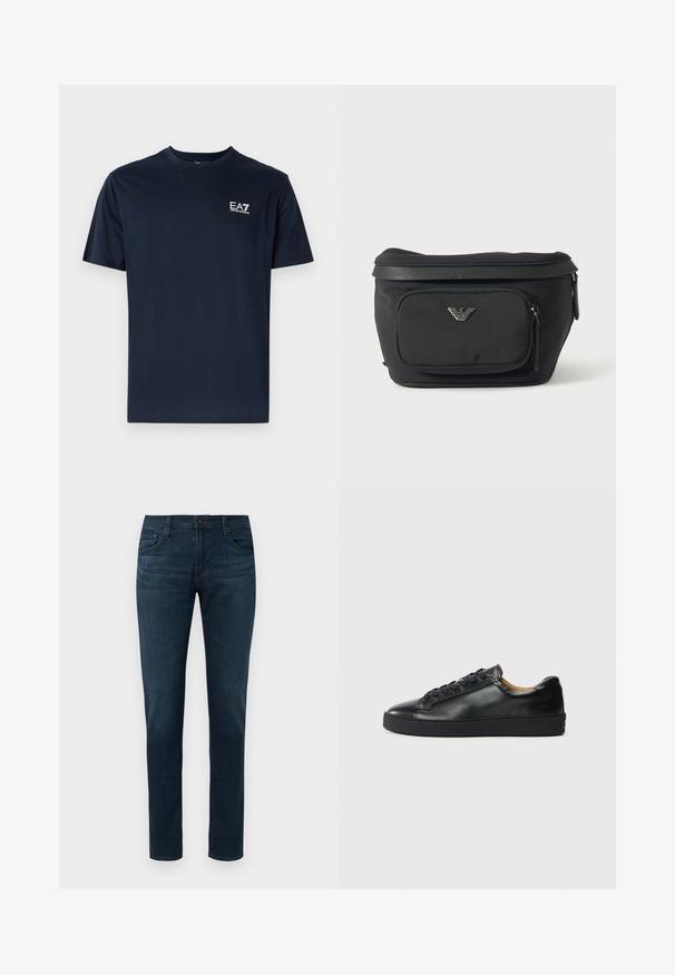 Navyblauwe katoenen t-shirt met korte mouwen, ronde halslijn en EA7-logo aan de linkerbovenkant in het wit. Gladde textuur, casual ontwerp.; Donkerblauwe slim-fit jeans met vijf zakken, sluiting met een knoop aan de voorkant en ritssluiting, tentoongesteld tegen een witte achtergrond.; Zwarte leren sneaker met een gladde textuur, ronde neus en vetersluiting. Heeft een dikke rubberen zool en minimale merkaanpassing.; Zwarte heuptas met voorvak met rits en zilveren adelaarlogo, gladde stof met gestructureerde afwerking en ritstrekker.