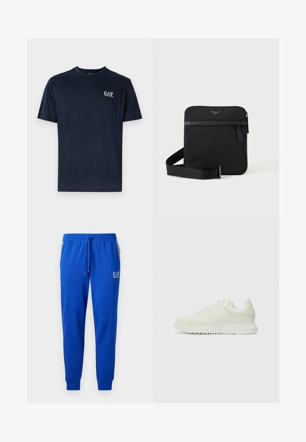T-shirt en coton bleu marine à manches courtes, col rond, avec le logo EA7 en blanc sur le côté supérieur gauche. Texture lisse, design décontracté.; Pantalons de survêtement bleus en tissu doux avec une taille élastique et un cordon de serrage. Présente un logo sur la jambe et des poches latérales rayées.; Baskets blanches en cuir avec un dessus texturé, bout rond, semelle plate blanche et lacets ton sur ton. Marque discrète sur la languette.; Sac bandoulière carré noir avec fermeture éclair, poche avant et sangle réglable avec nom de marque embossé.
