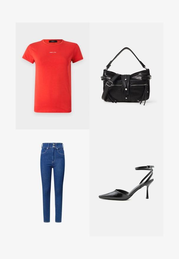 Replay LOGO - T-shirt basic - red; Hoge taille blauwe denim jeans met een slim fit, voorzien van twee knopen bij de tailleband, voorzakken en contrasterende stikseldetails.; Zwarte pumps met puntige neus, dunne enkelbandjes en een zilveren gesp op een effen lichte achtergrond.; Even&Odd H24462 - Handtas - black