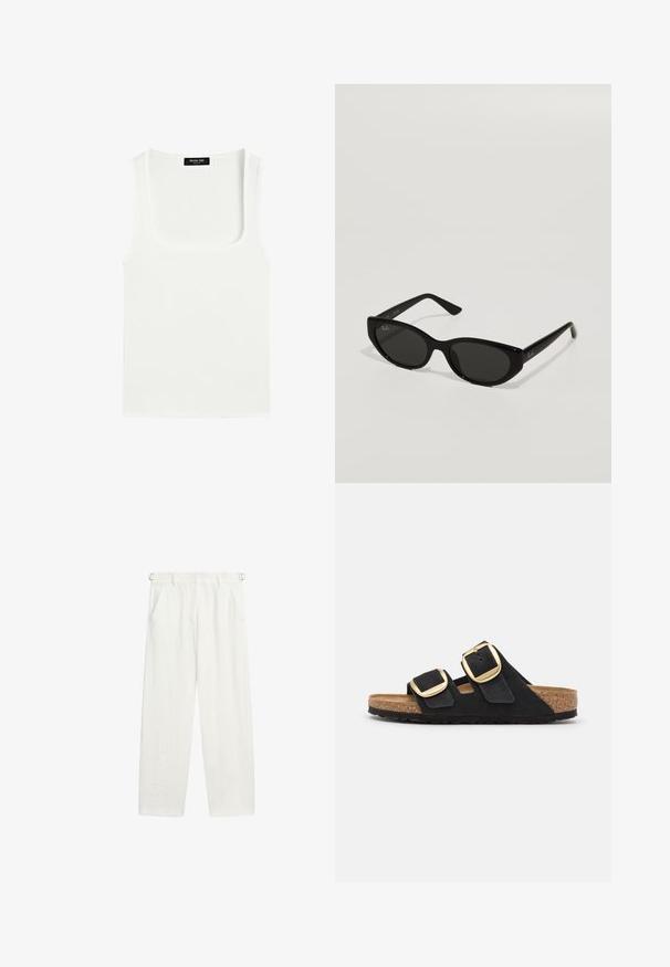 Weißes ärmelloses Tanktop mit quadratischem Ausschnitt und einem schwarzen Etikett auf der Innenseite des hinteren Nackens.; Weiße, hochtaillierte, weit geschnittene Hose mit seitlichen Taschen und verstellbaren Gürtelschlaufen, flach auf weißem Hintergrund präsentiert.; Schwarze Wildleder-Sandalen mit zwei breiten Riemen, die jeweils eine große goldene Schnalle haben, sowie einer natürlichen Korkfußbett und einer strukturierten Gummisohle.; Schwarze Sonnenbrille in schmaler Katzenaugenform. Aus glattem Kunststoff gefertigt, mit dunklen Gläsern und dezenten Logo-Akzenten an den Bügeln.
