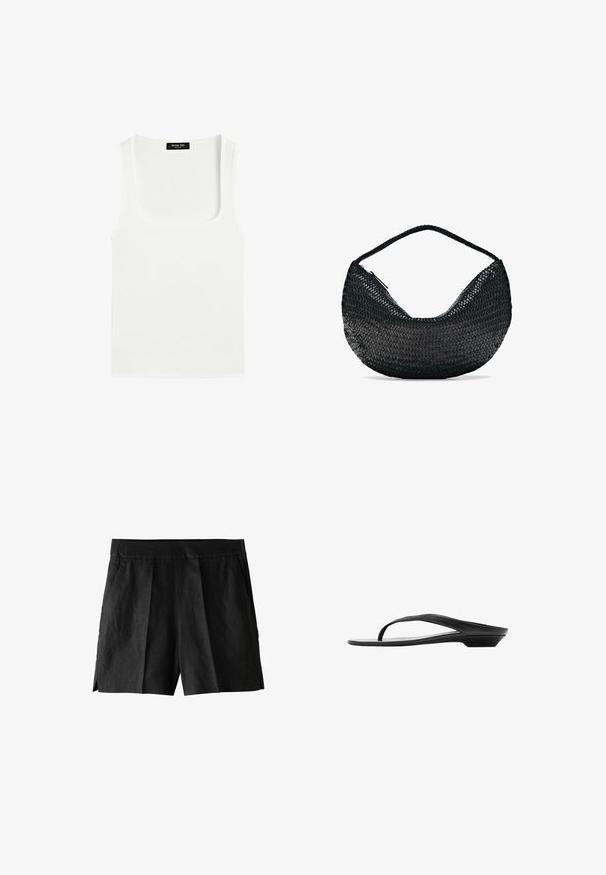 Hvid ærmeløs tanktop med firkantet halsudskæring og sort label på den indvendige bagside af nakken.; Sorte linnedrenge med plisseret front, sidelommer og en afslappet pasform. Stoffet har en glat tekstur og et afslappet design.; Sort sandal med lav hæl, slank sål og tynd rem, der krydser over foden nær tæerne, vist fra siden på hvid baggrund.; Sort vævet lædertaske i halvmåneform med en enkelt flettet hank og lynlås øverst.