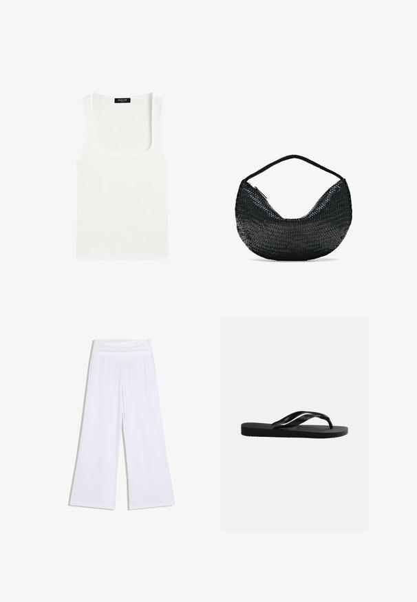 Witte mouwloze tanktop met een vierkante halslijn en een zwart label aan de binnenkant van de achterkant van de nek.; Witte wijde broek met een hoge elastische tailleband, een ontspannen pasvorm en een gladde stof.; Zwarte rubberen teenslipper met een getextureerd voetbed en een Y-vormige band voorzien van een subtiel gegraveerd merklogo aan de zijkant.; Zwarte geweven lederen handtas in halve maanvorm met een enkele gevlochten handgreep en een ritssluiting bovenaan.