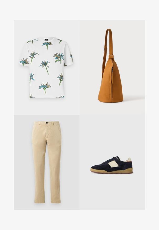 Hvid kortærmet t-shirt med et gentaget blomstermønster i blå, gul og grøn, med konturer i sort, lavet af letvægtsstof.; Beige bomulds chinos med lige ben, der har en front knaplukning og diskrete syninger. Glat tekstur og uden mønstre.; Mørkeblå ruskinds-sneakers med cremefarvet sidepanel, gummisål og mørke snørebånd, med PS Paul Smith branding på siden og hælen.; Tan læder crossbodytaske med justerbar rem og lodret lynlåslomme, vist fra siden mod en ensfarvet lys baggrund.