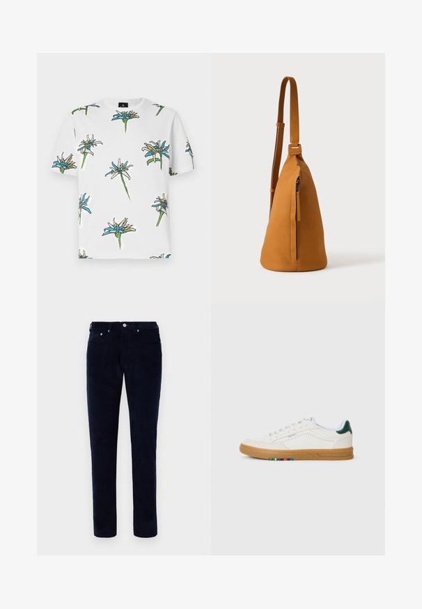 Weißes T-Shirt mit kurzen Ärmeln, das ein wiederholtes Blumenmuster in Blau, Gelb und Grün mit schwarzen Umrissen zeigt, hergestellt aus leichtem Stoff.; Herren Slim-Fit dunkelblaue Cordhosen mit Front- und Gesäßtaschen, Gürtelschlaufen und Knopfverschluss.; Weiße Leder-Sneaker mit Perforationsdesign, Gummisohle, grünem Fersenakzent und buntem Streifenmuster an der Seite.; Hellbraune Leder-Umhängetasche mit verstellbarem Trageriemen und vertikaler Reißverschlusstasche, von der Seite vor hellem, einfarbigem Hintergrund gezeigt.