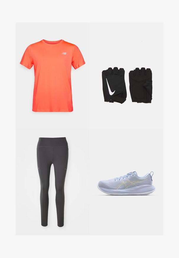 Camiseta atlética de manga corta en un vibrante color naranja con un pequeño logotipo blanco de New Balance en el lado izquierdo del pecho, presentada sobre un fondo sencillo.; Leggings negros con una cinturilla alta, textura suave y ajuste ceñido. Presentan bolsillos laterales y detalles de costura en contraste.; Zapatillas deportivas de color azul claro con parte superior texturizada, suela blanca y rayas doradas. Incluyen cordones y una pestaña de agarre en la parte trasera.; Guantes de gimnasio sin dedos en color negro, hechos de un tejido transpirable, con un logo de Nike blanco, palmas acolchadas y un diseño de muñeca abierta para mayor flexibilidad.